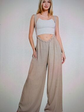 High-Rise Wide-Leg Suspender Pants in Taupe